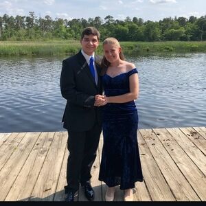 David's Bridal Elegant Blue Velvet Off-Shoulder Gown